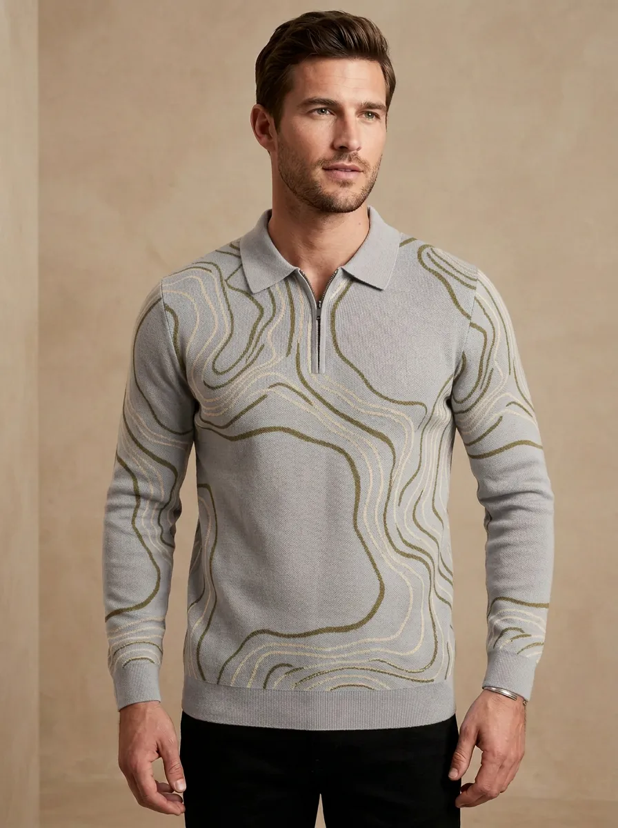 Men's Abstract Topographic Pattern Printed Long Sleeve Polo Shirt