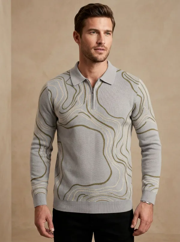 Men's Abstract Topographic Pattern Printed Long Sleeve Polo Shirt