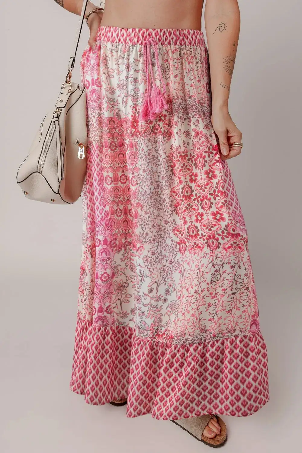 Printed Tassel Drawstring High Waist Maxi Skirt
