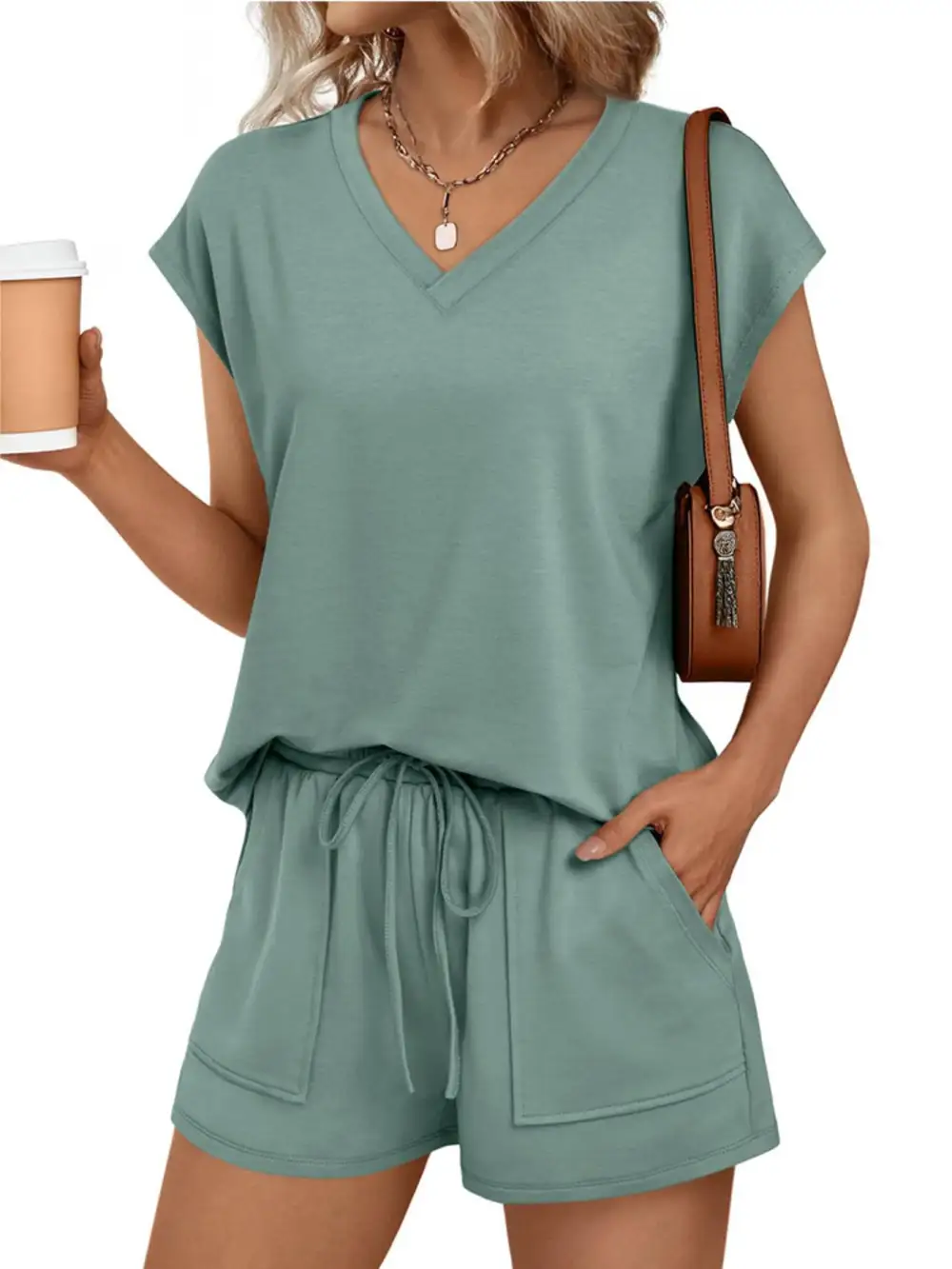 Casual V Neck T Shirt and Shorts Set