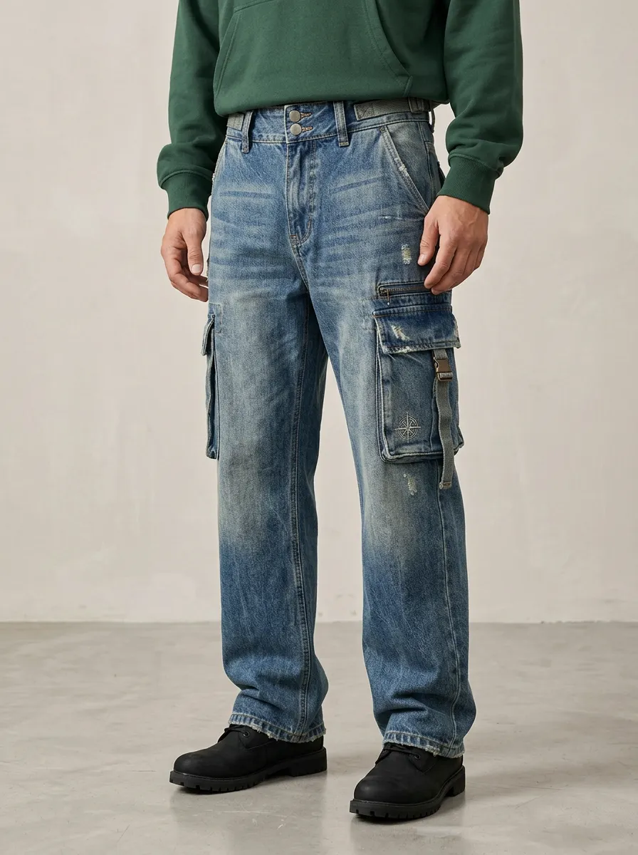 Men's Compass Patch Distressed Denim Cargo Jeans