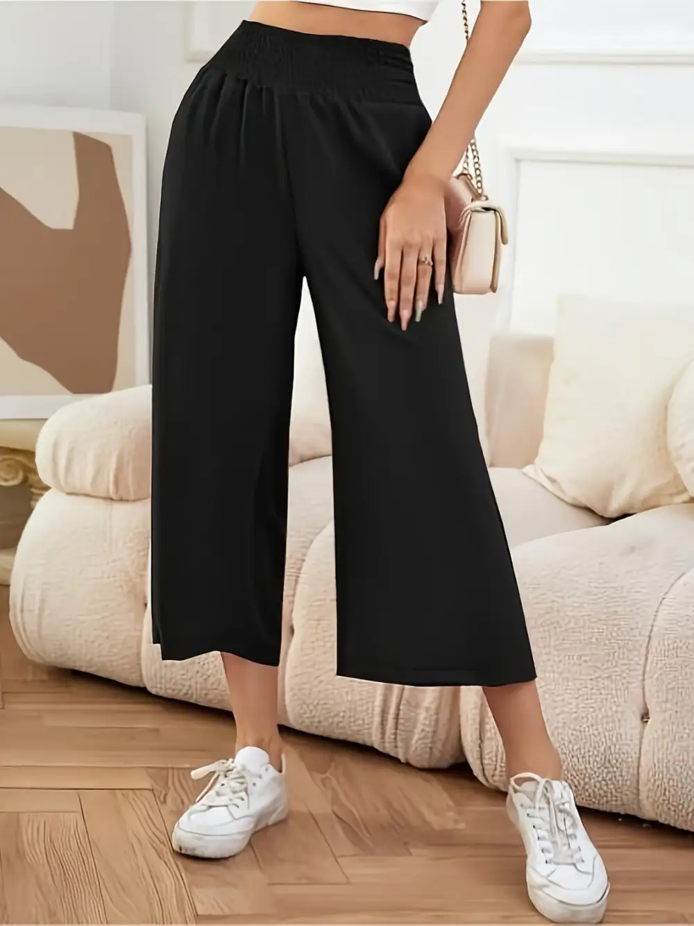 Draped Elastic Waist Wide Leg Pants