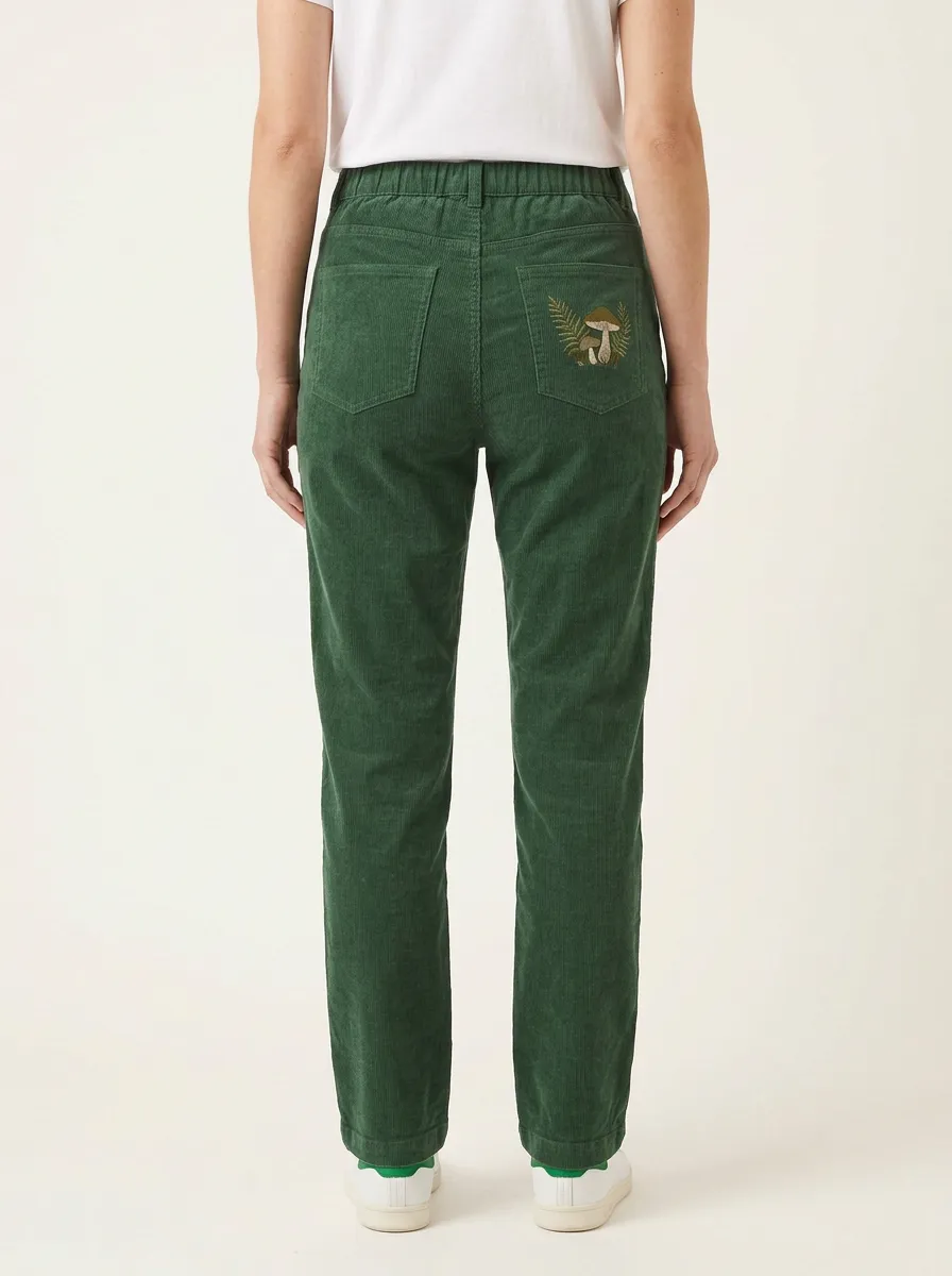 Women's Mushroom Fern Embroidered Five-Pocket Straight-Leg Corduroy Pants