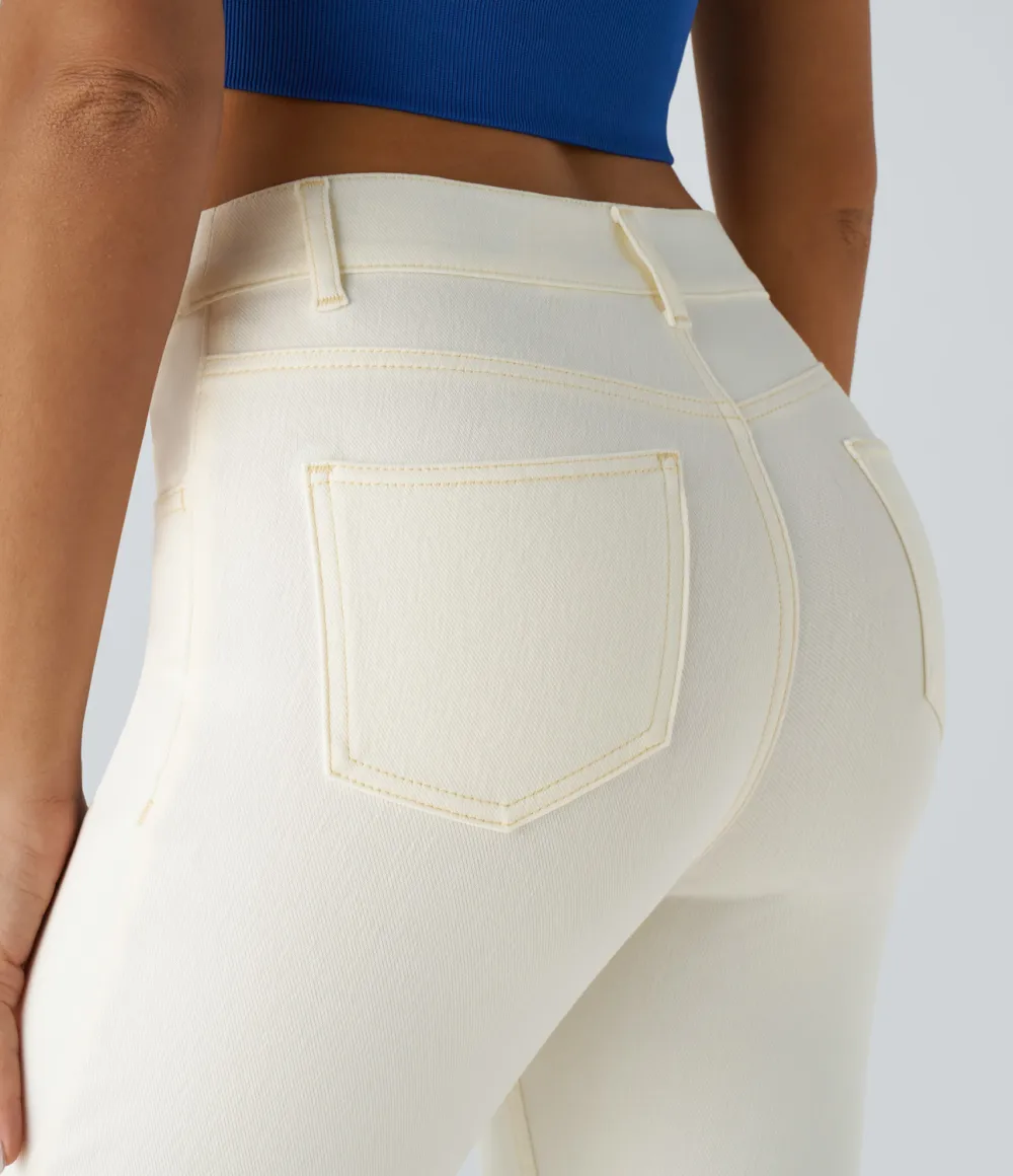 Magic High Waisted Multiple Pockets Straight Leg Washed Stretchy Knit Casual Jeans
