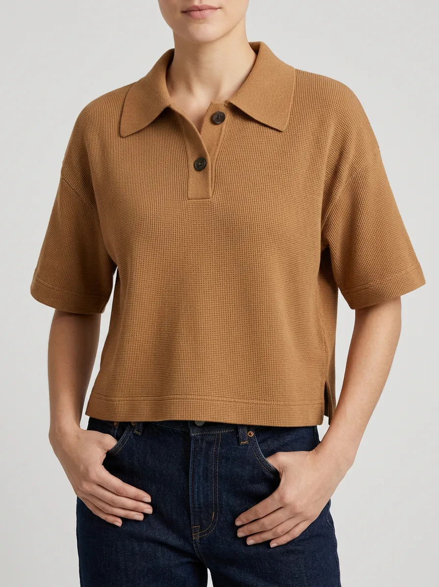 Women's Button Front Brown Polo in Waffle Knit Texture