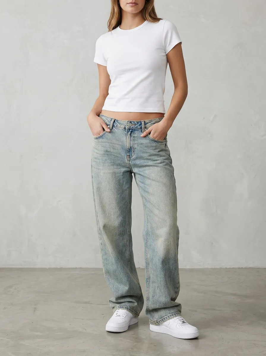 Women's Vintage-Inspired Low-Rise Five-Pocket Wide Leg Jeans