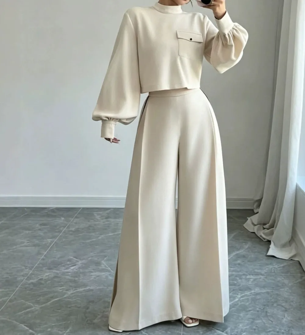 Wide-Leg Long-Sleeve Knit Women's Matching Set