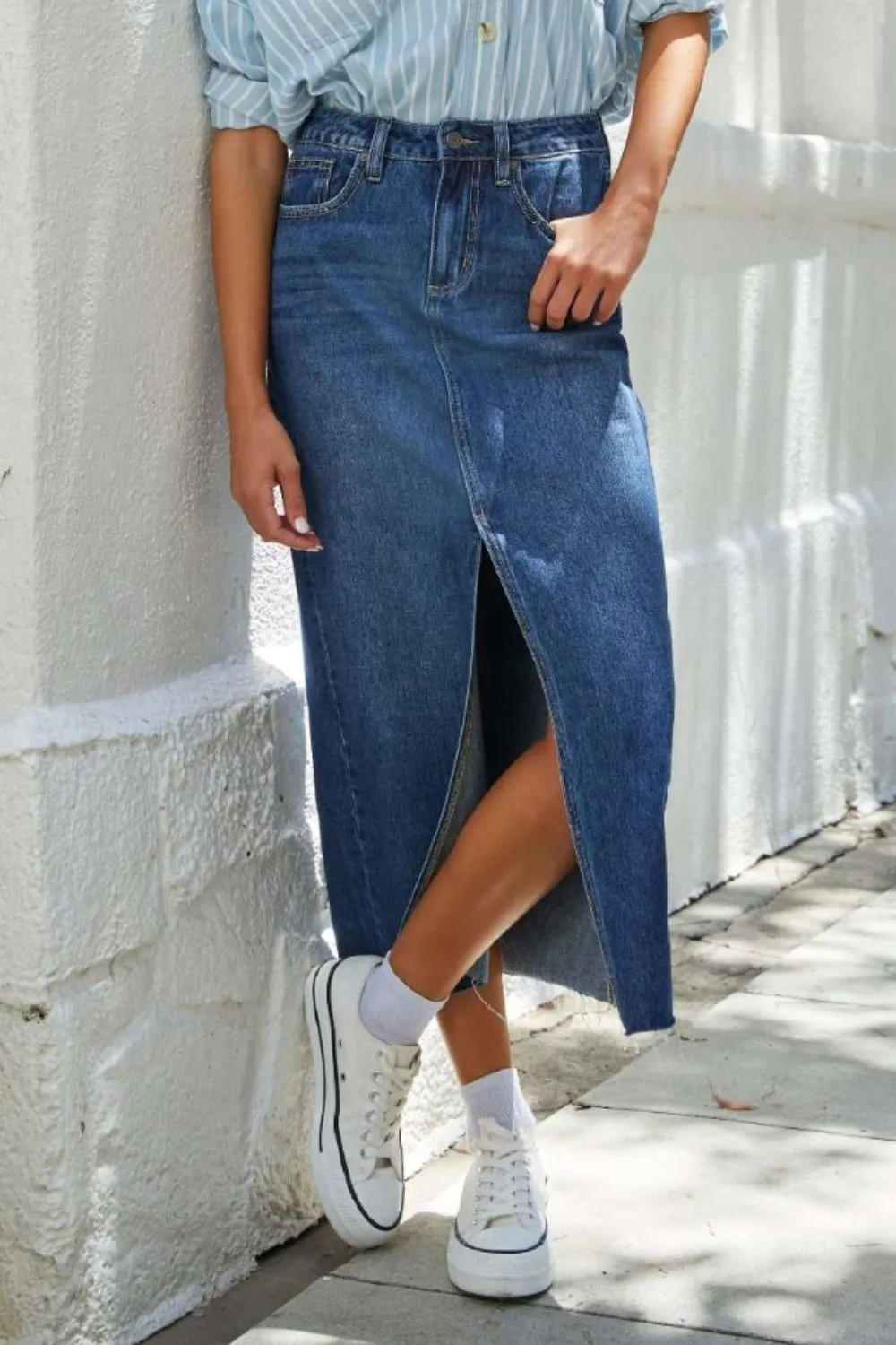 Gentle Button Front Denim Detail Skirt
