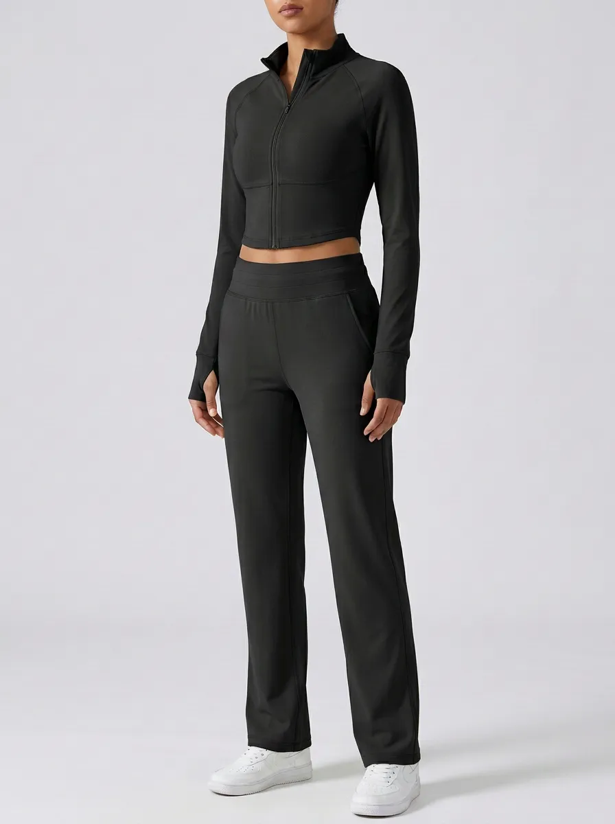 Women's High-Neck Zip-Up Thumbhole Cropped Jacket and Straight-Leg Pant Set