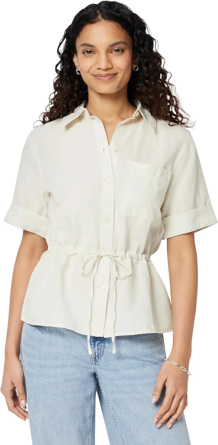 Amazon Essentials Women's Relaxed-Fit Linen Blend Wide Sleeve Shirt with Adjustable Waist