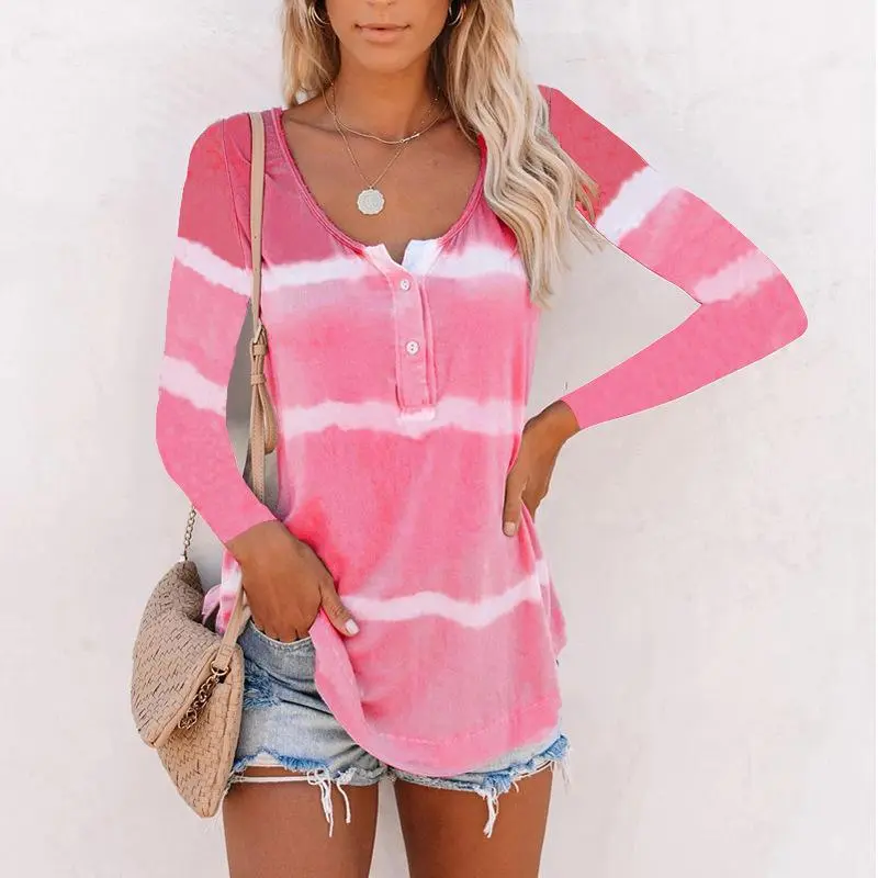 Button Tie Dye Large Size Long Sleeve T-Shirt