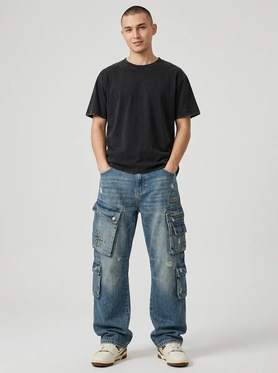 Men's Vintage Compass Graphic Distressed Multi-Pocket Cargo Jeans