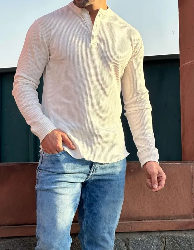 White Long Sleeve V-Neck Casual Henley Top