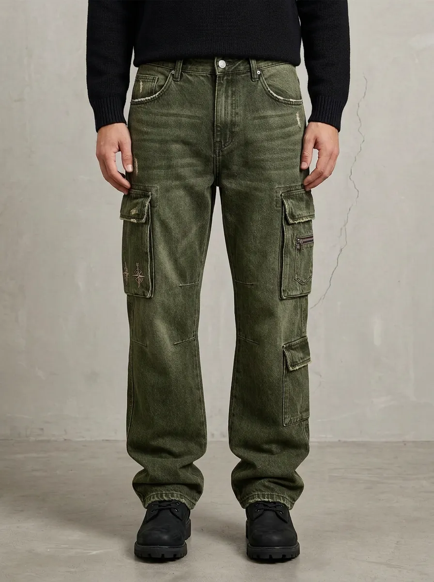 Men's Compass Graphic Distressed Washed Denim Cargo Jeans