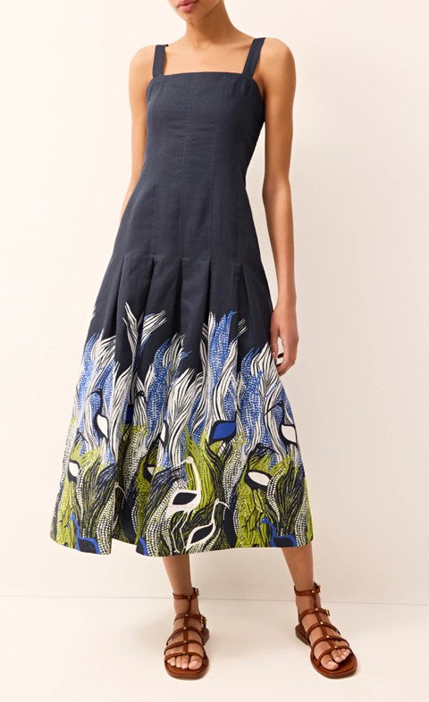 Blue Floral Print Sleeveless Midi Dress
