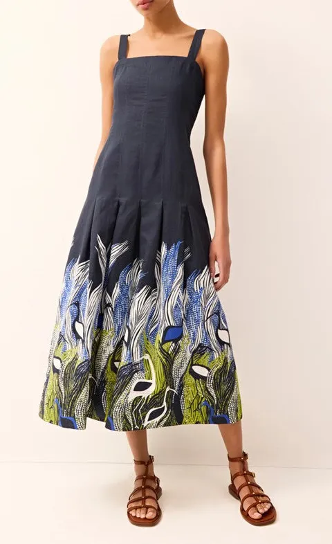 Blue Floral Print Sleeveless Midi Dress