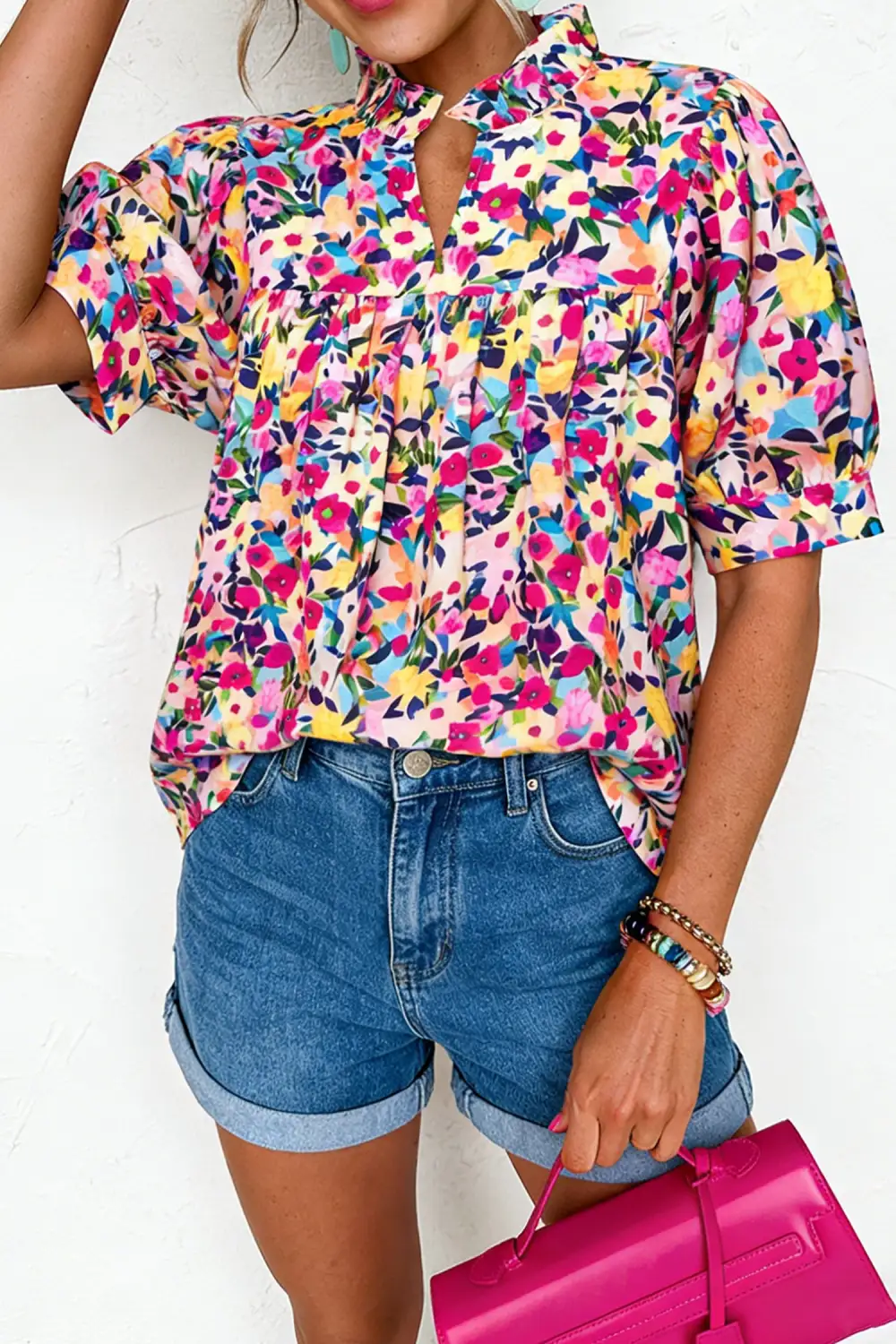 Women's Floral Print Flower Motif Frilled Collar Top