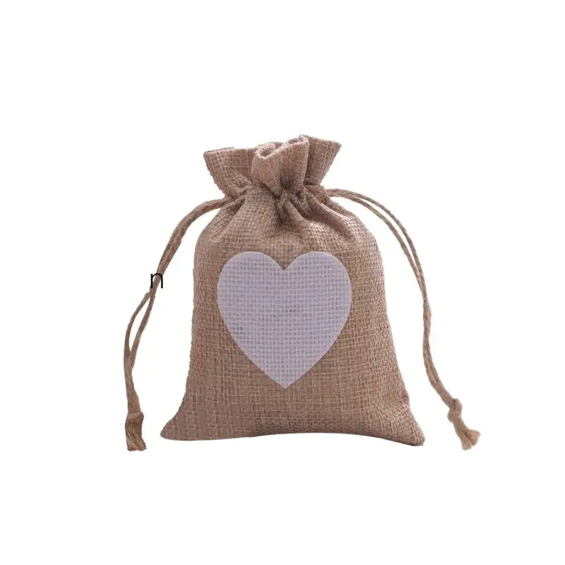 Cotton Linen Drawstring Gift Bag with Heart Print