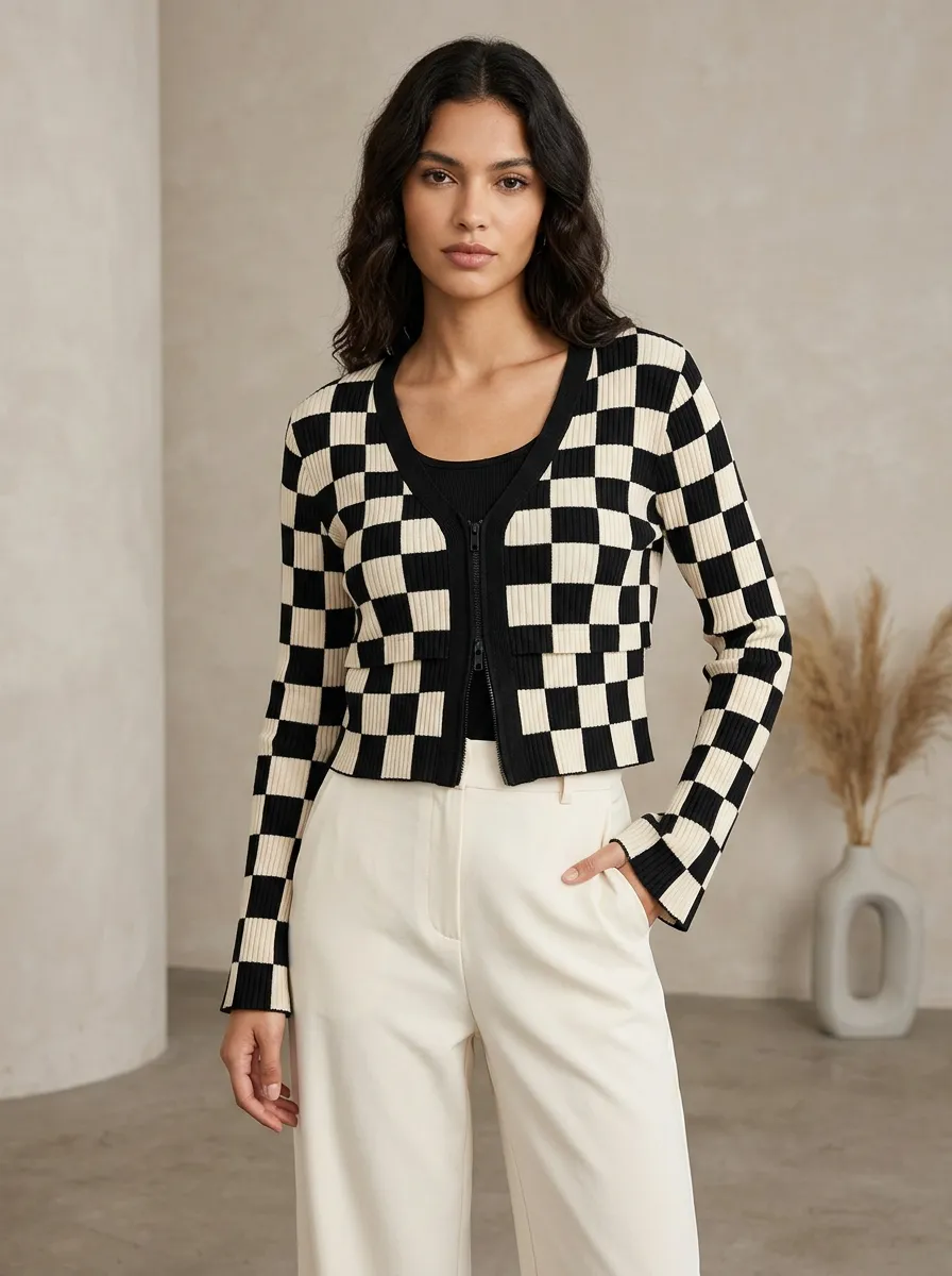 Women's and Checkered Zip-Up Cardigan