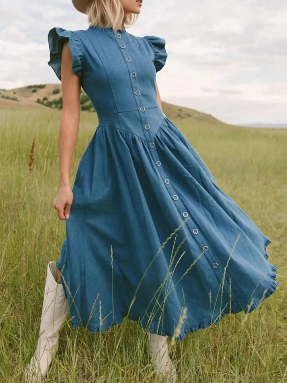 Button Front Cap Sleeve Tiered Belted Dress