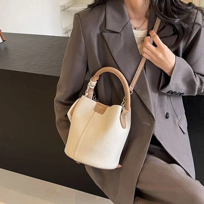 Compact Faux Leather Textured Bucket Bag