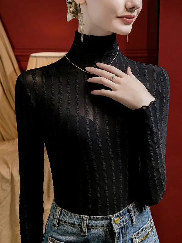 Long Sleeve Curve Fit Jacquard Sheer Panel Detail High Neck T-Shirt