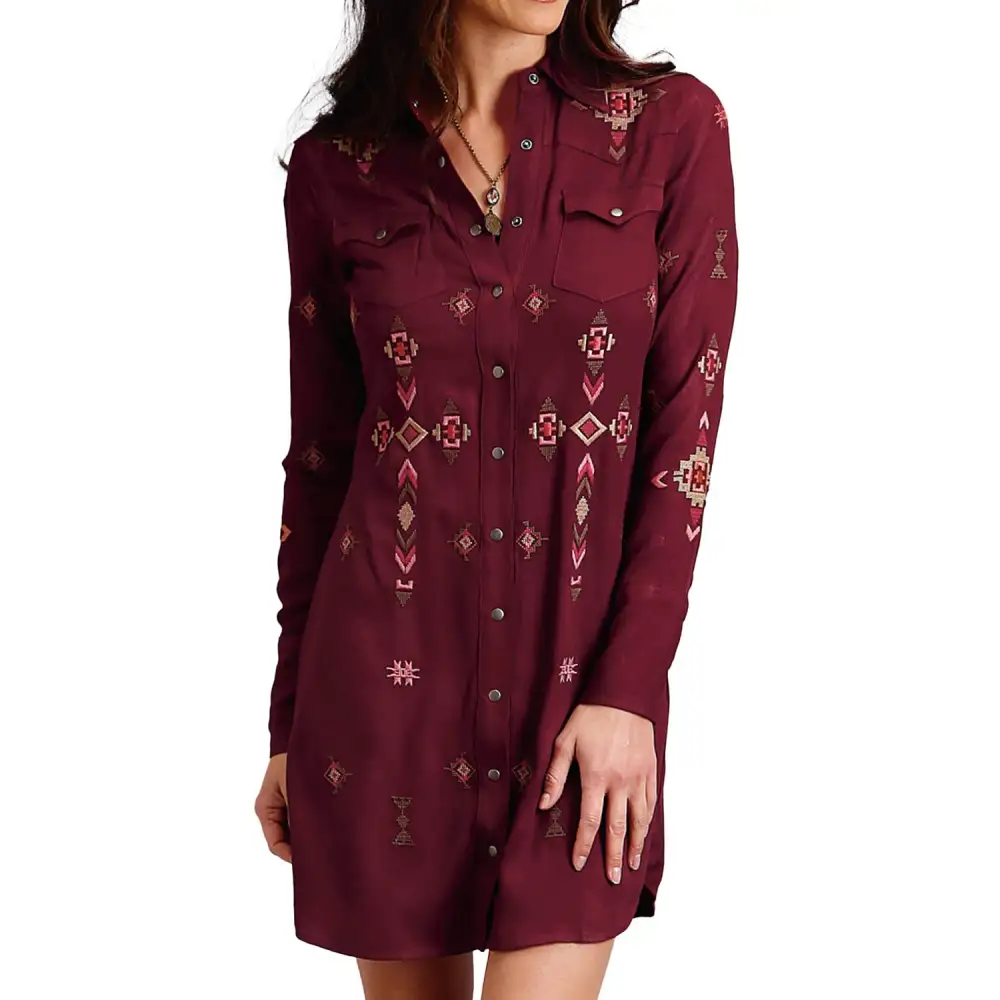 Embroidered Shirt Snap Front Casual Dress