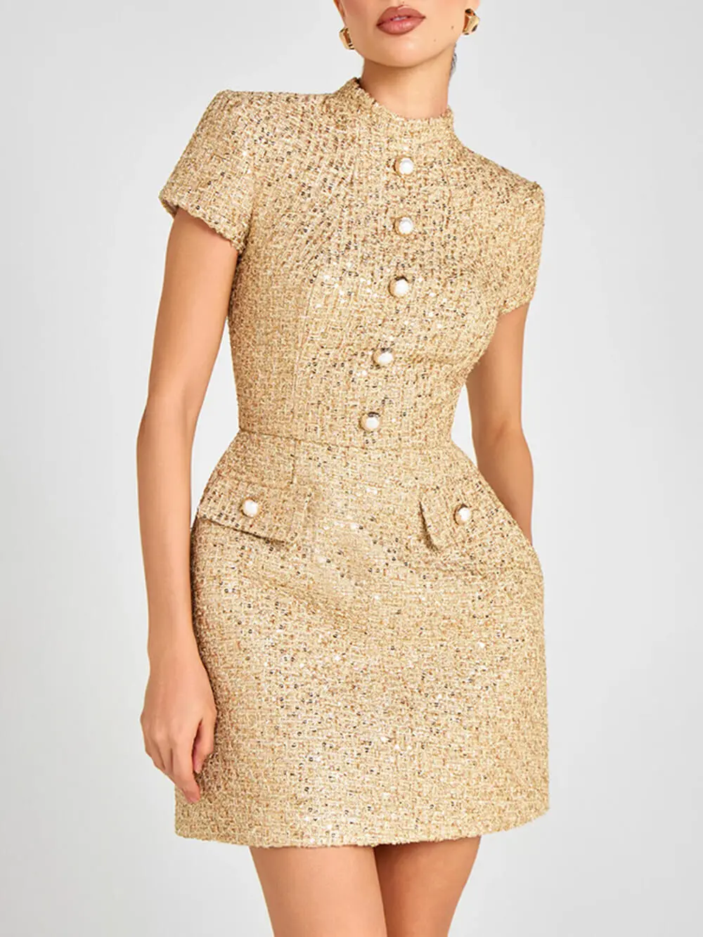 Stand Collar Button Detail Short Mini Dress