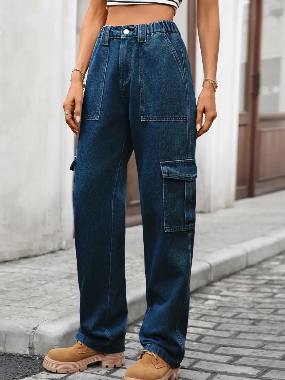Versatile High Waist Cargo Denim Jeans