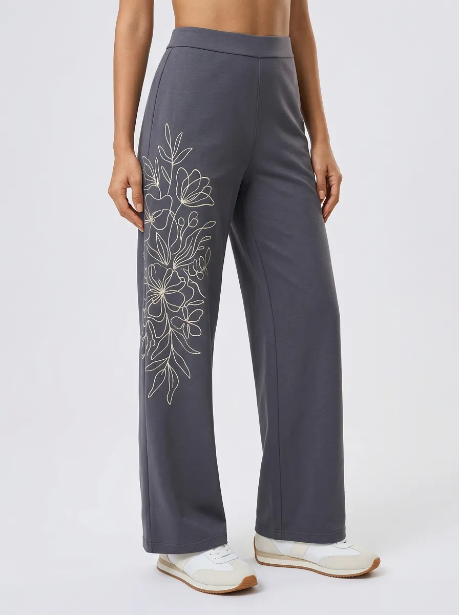 Women's Charcoal Floral Print Wide-Leg Trousers Sweatpants