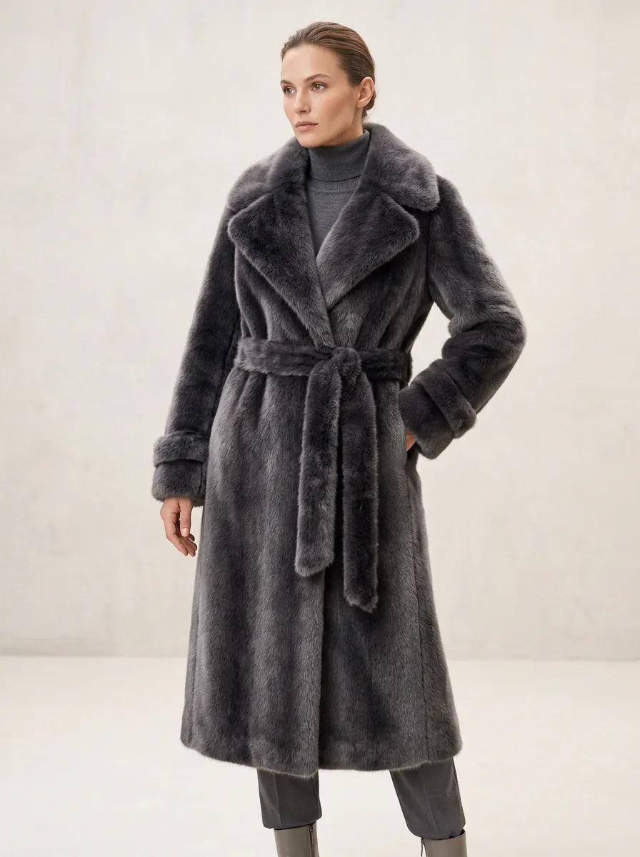 Open Front Solid Faux Fur Belted Coat