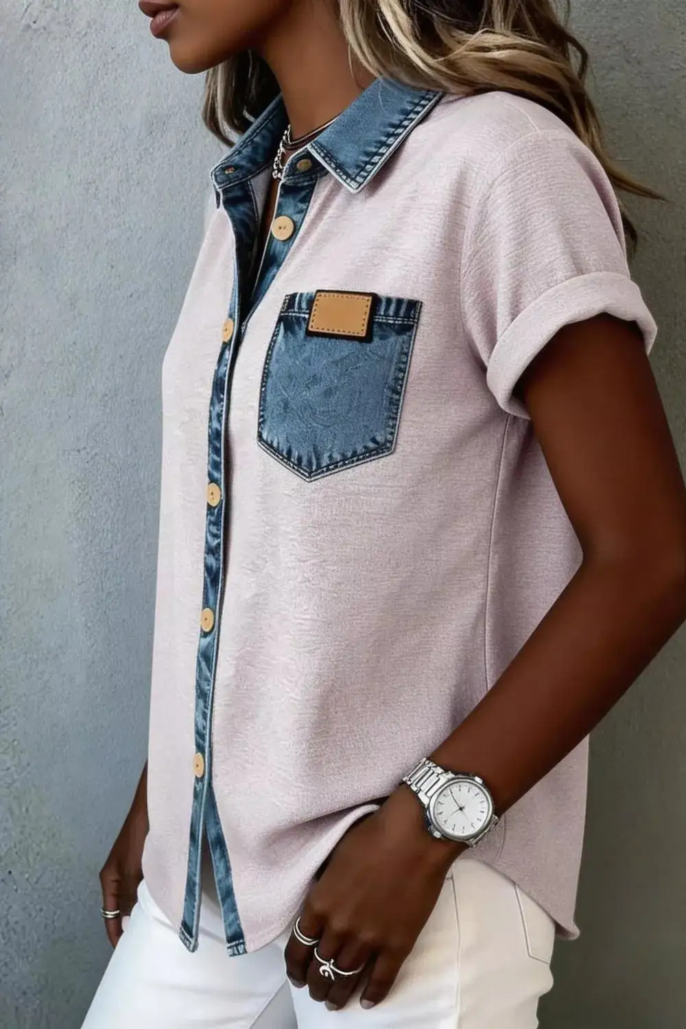 Classic Denim Trim Button Down Shirt