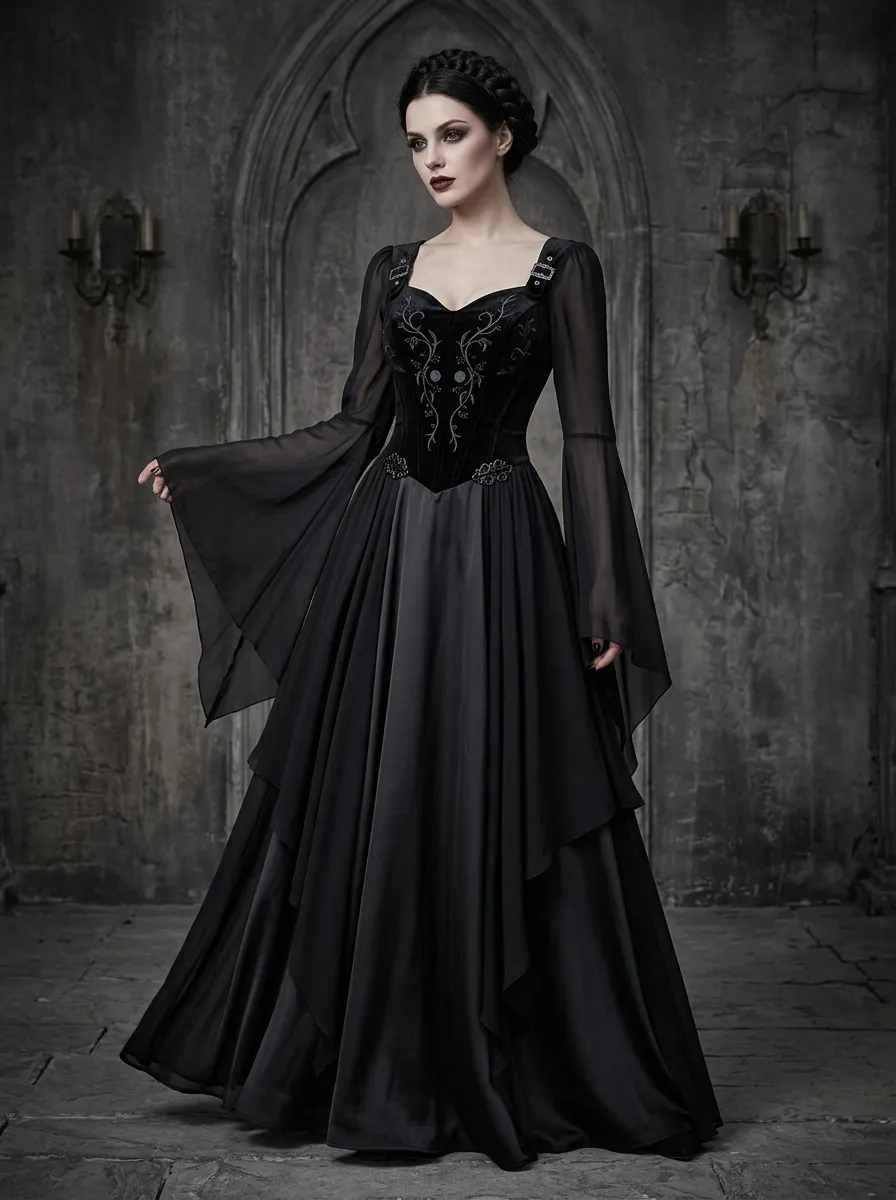 Victorian-Inspired Floral Victorian Embroidered Design Women's Gothic Dress
