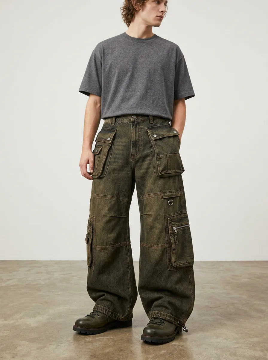Men's Washed Multi-Pocket Drawstring Waist Cargo Jeans