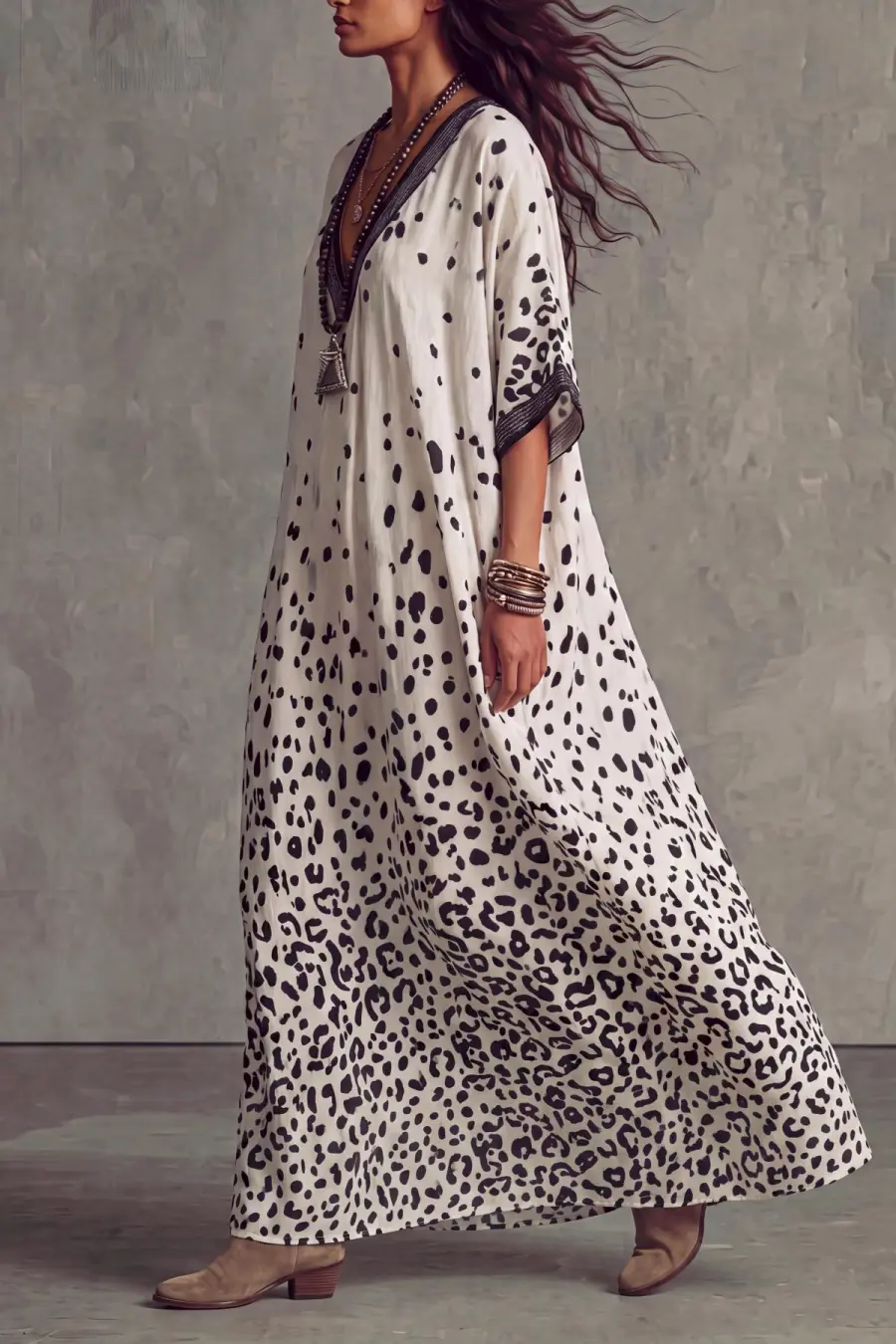 Plunge Neck Leopard Pattern Printed Maxi Dress