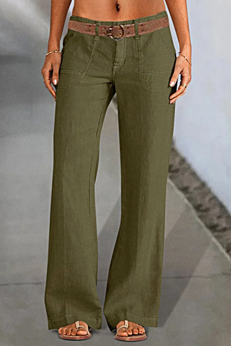 Solid Slant Pocket Low Waist Flare Pants Without Belt