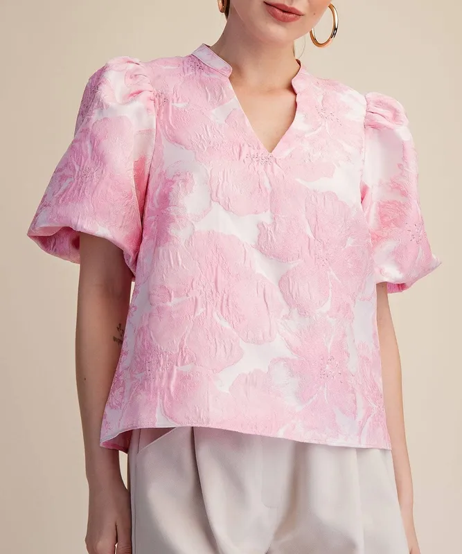V-Neck Puff Sleeve Jacquard Top