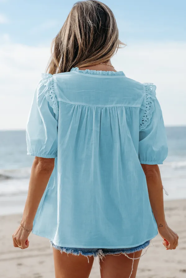 Mist Blue Embroidered Lace Patchwork Blouse