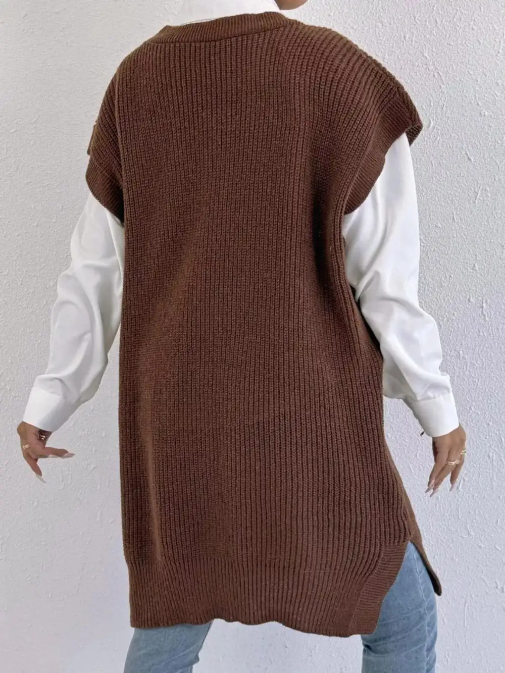 V Neck Slit Sweater Dress