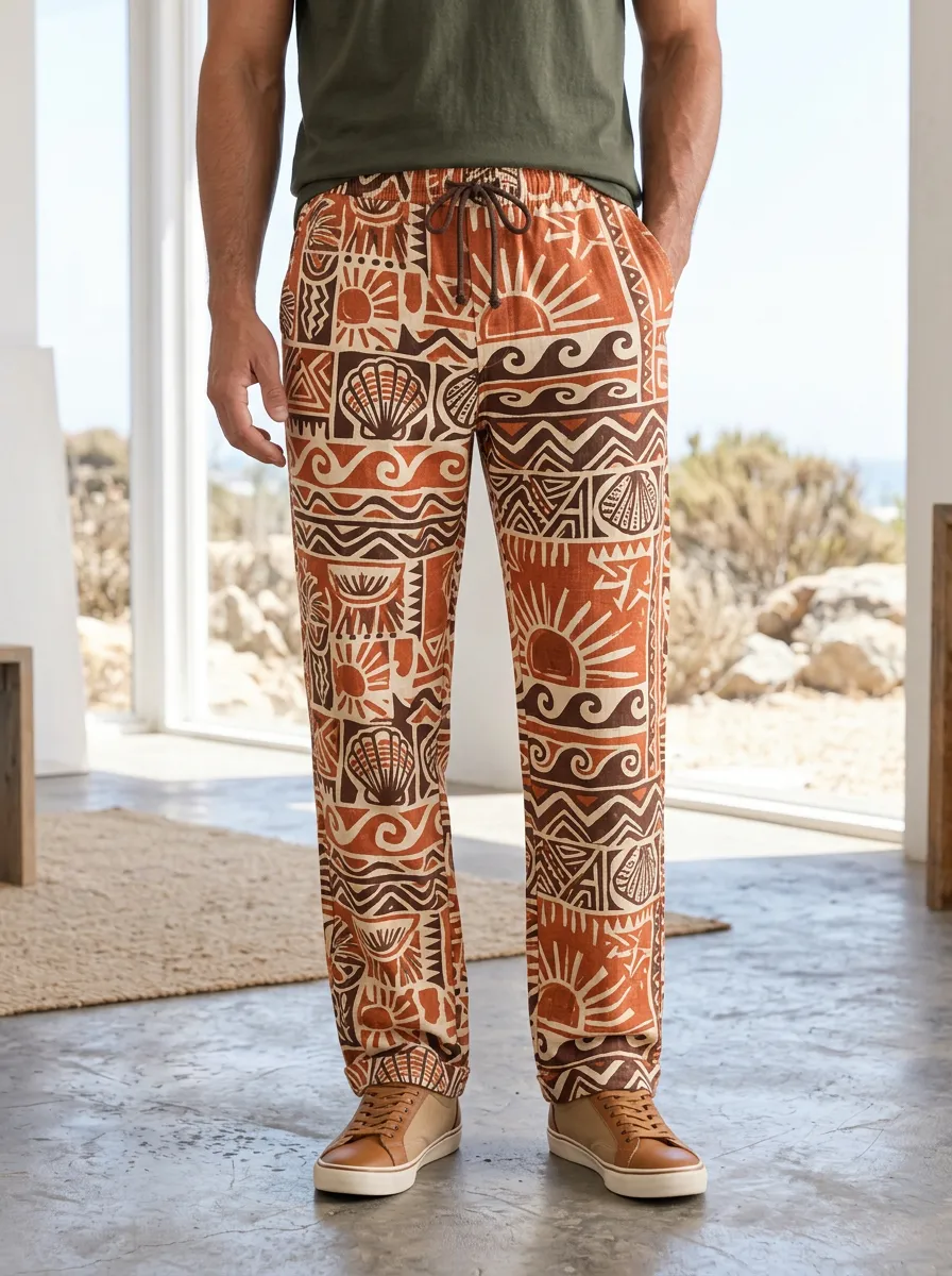 Men's Beach Vacation Tribal Shell Sun Printed Pants