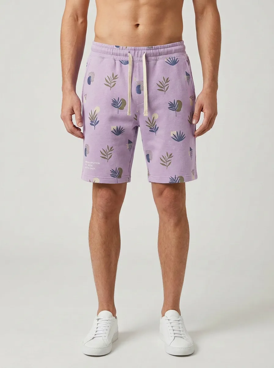 Men's Botanical Geometric Drawstring Elastic-Waist Printed Sweat Shorts