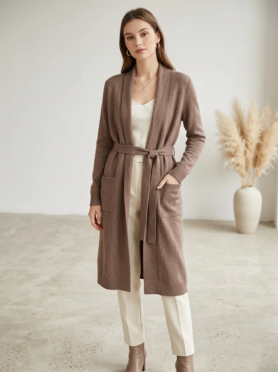 Women's Casual Brown Belted Open Front Long Cardigan