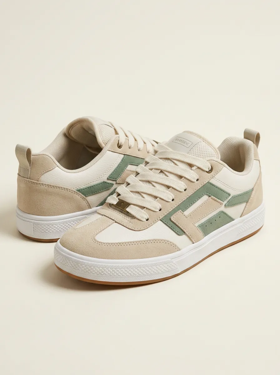 Women's Casual Beige Green Colorblock Suede Printed Sneakers