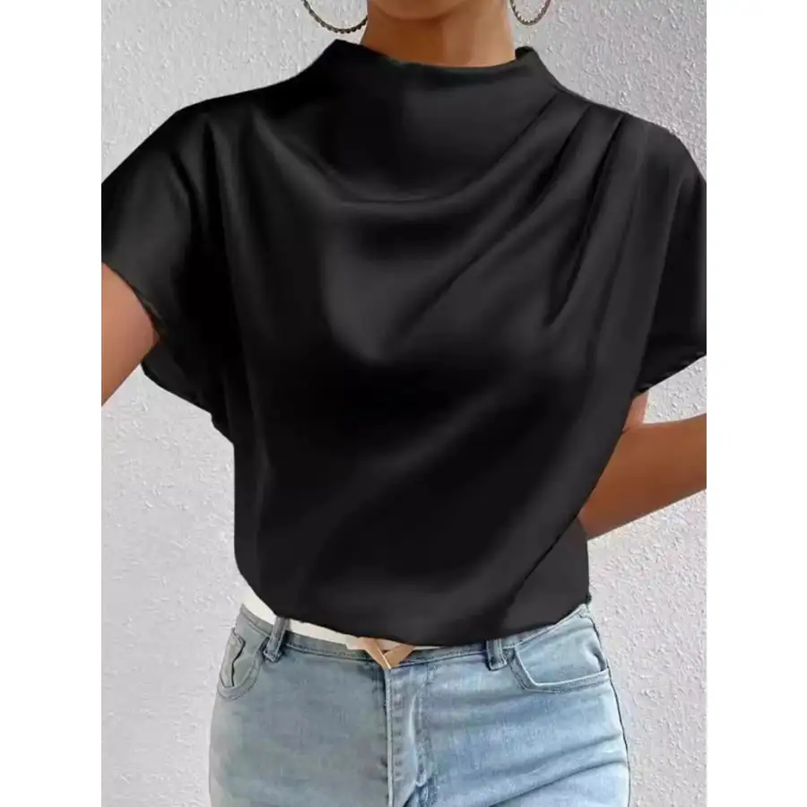 Mock Neck Short Sleeve Satin Blouse