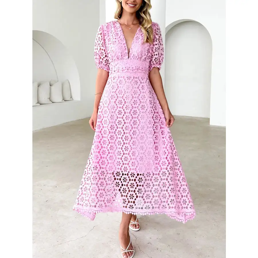 Eyelet Lace V-Neck Midi Dress with Puff Sleeves