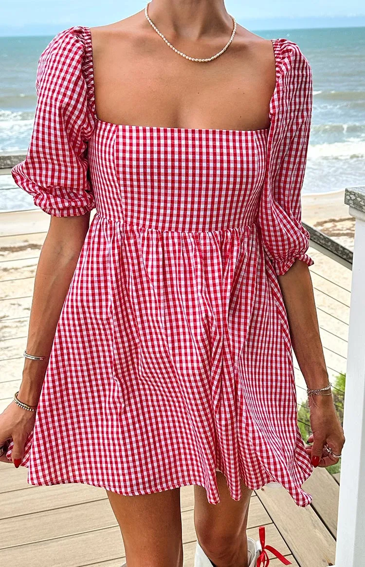 Babydoll Square Neck Gingham Mini Dress