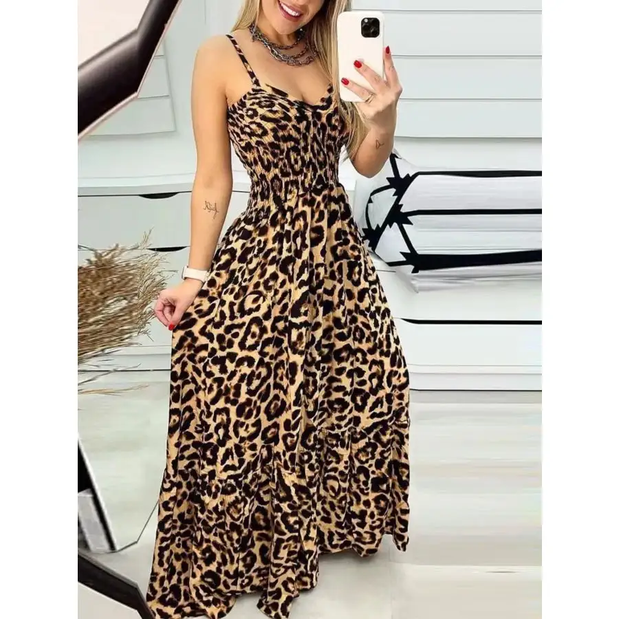 Full Size Leopard Print Spaghetti Strap Maxi Dress Plus Size