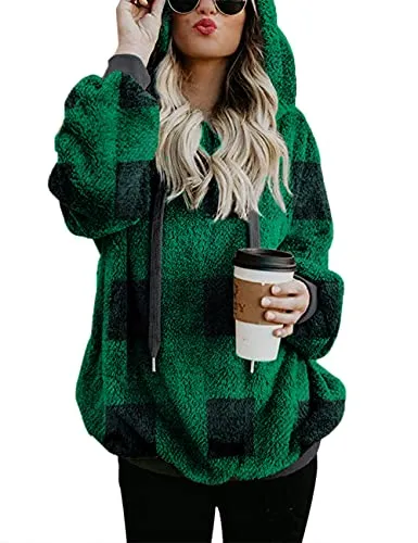 Women Casual Double Fuzzy Sweatshirt Faux Fleece Zip Pullover Hoodies Coat Outwear S-XXL