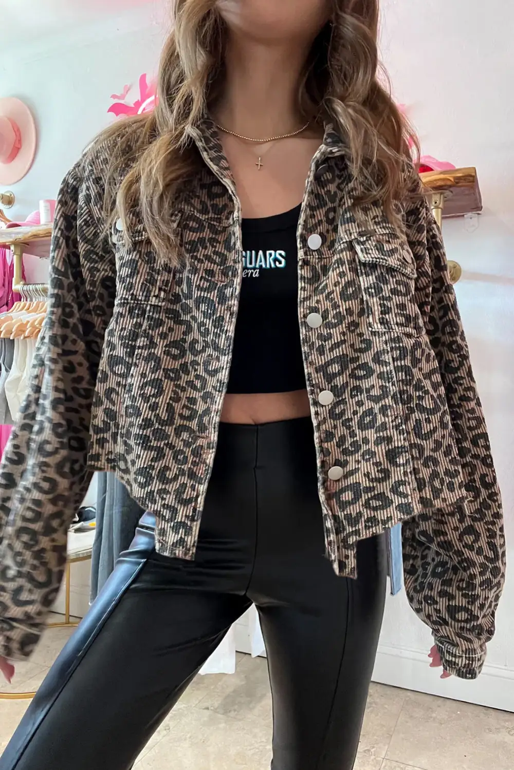 Women's Leopard Print Corduroy Irregular Hem Buttoned Jacket
