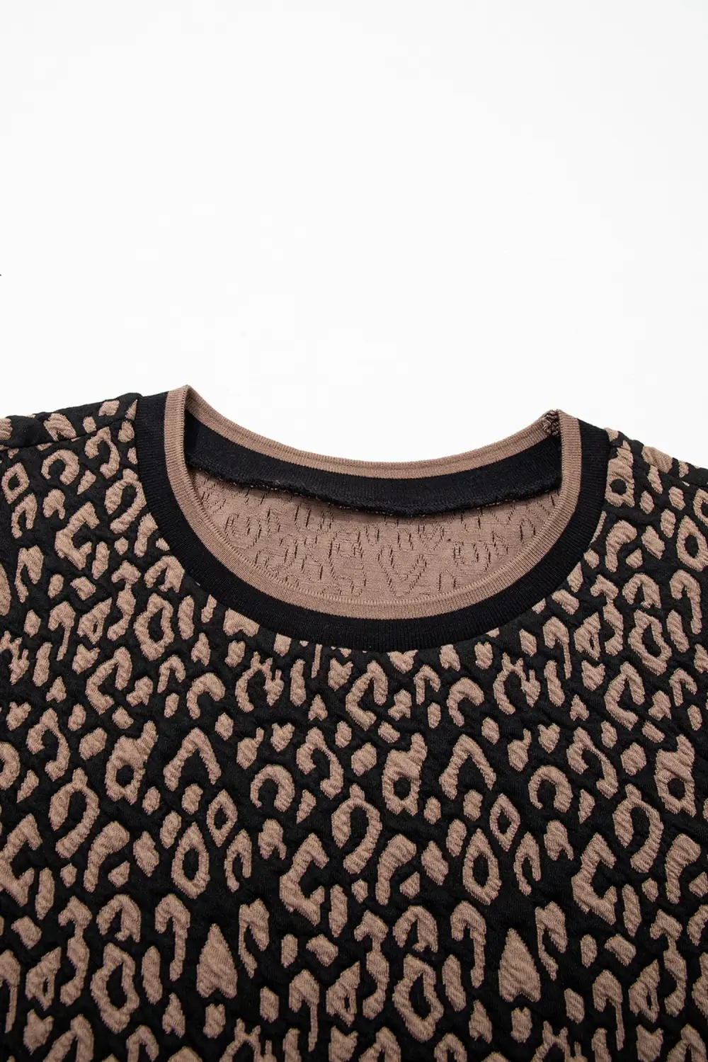 Black Leopard Print Puffy Bracelet Sleeve Contrast Trim Round Neck Top